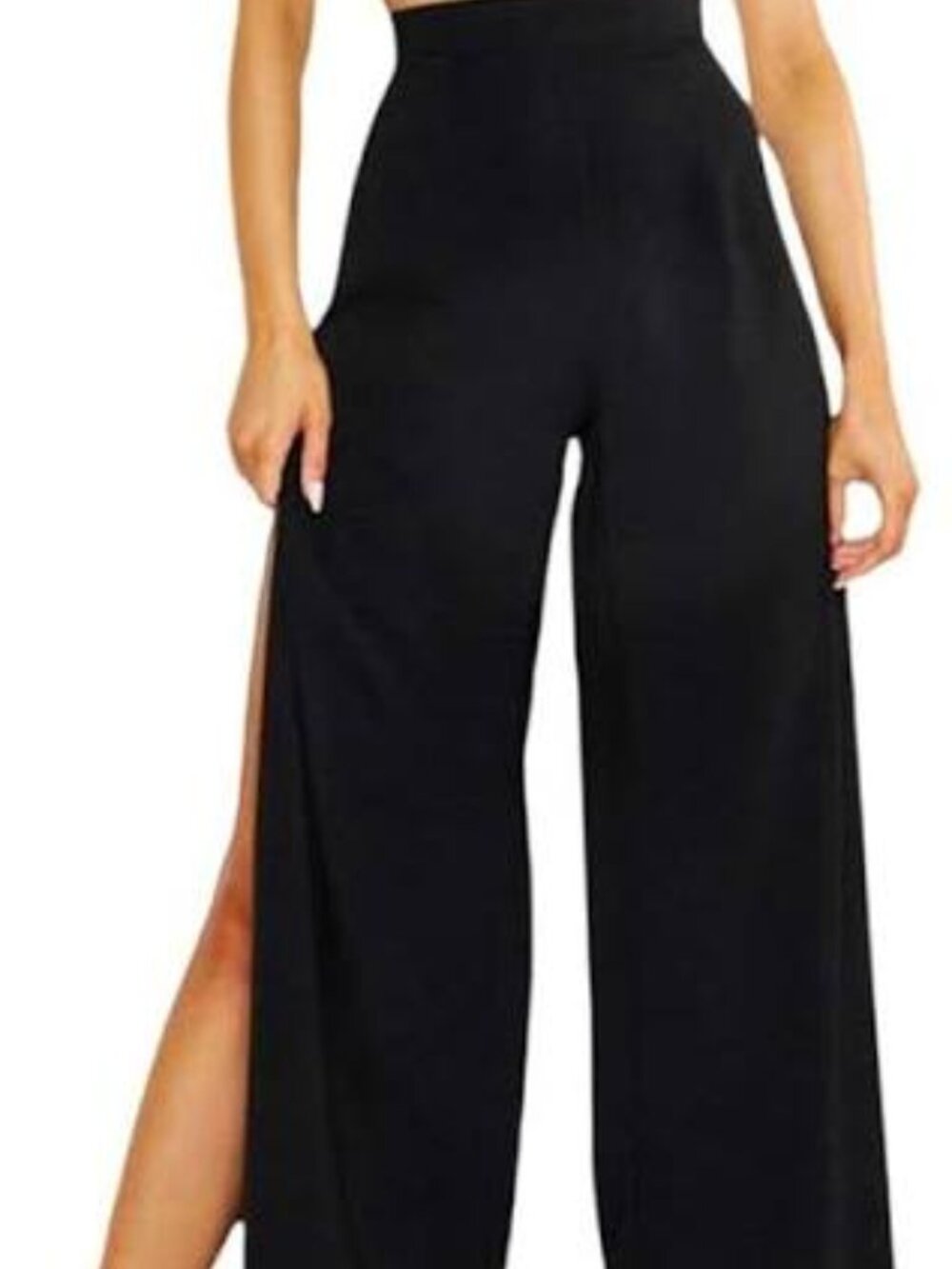 ANGL Black High Waist Wide Split Leg Back Zip Silky Pants Size Large